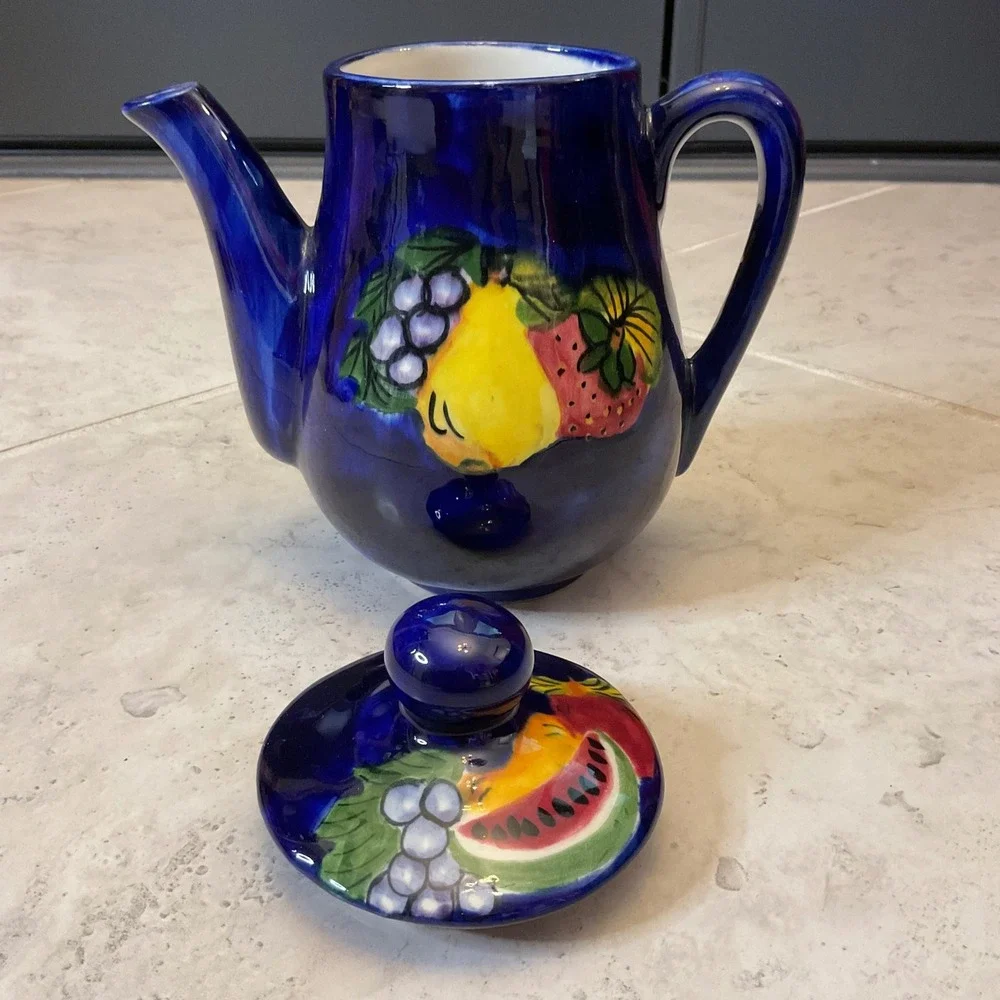 Vintage Mexican Pottery Fruit Teapot Cobalt Blue Hand Painted Ceramic Mexico